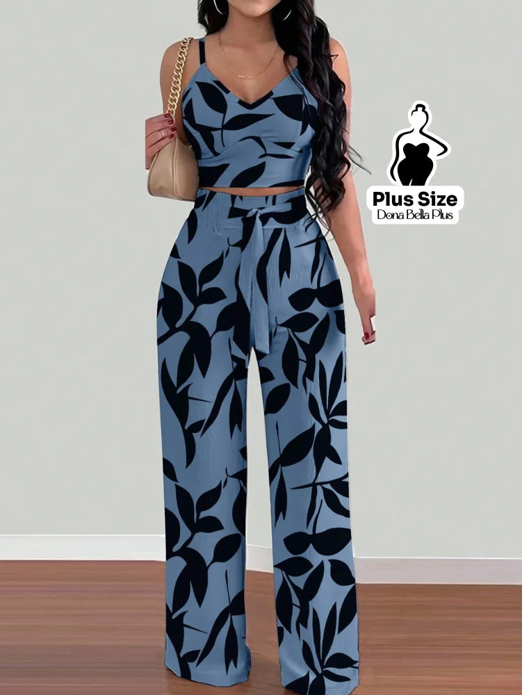 Conjunto Estampado com Cropped Transpassado e Calça Azul / G Conjunto Estampado com Cropped Transpassado e Calça