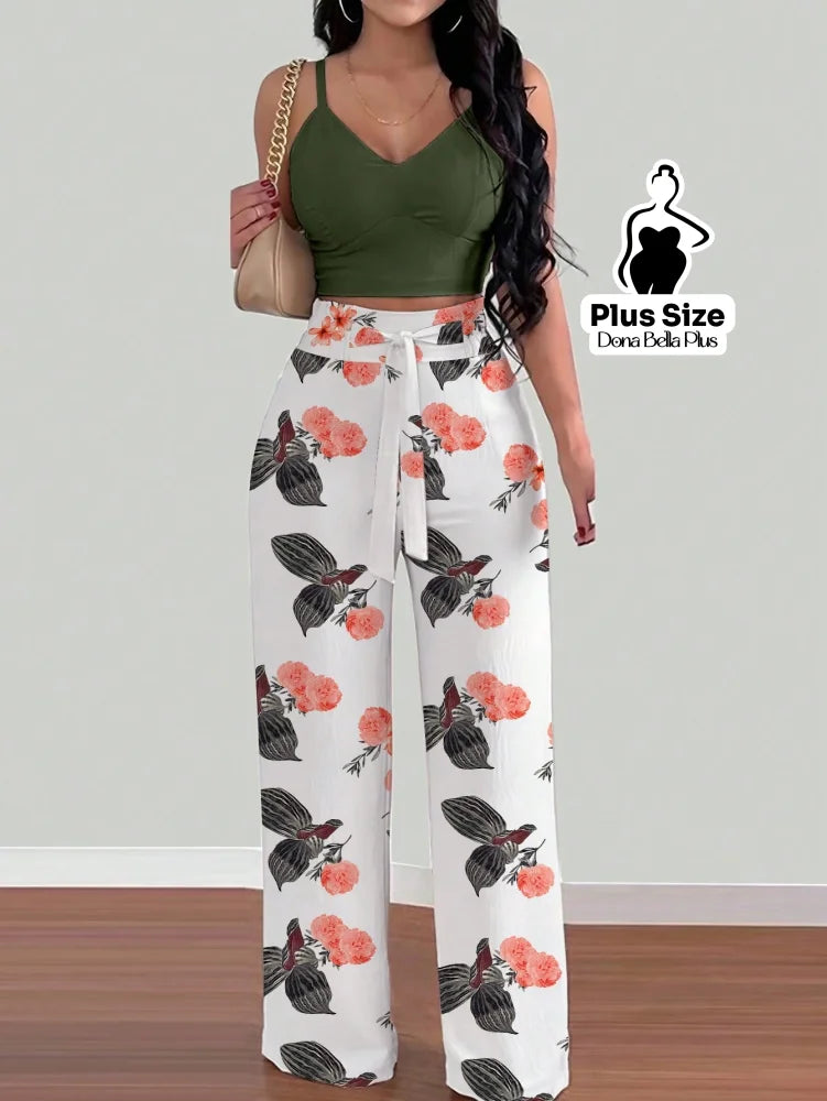 Conjunto Estampado com Cropped Transpassado e Calça Verde / G Conjunto Estampado com Cropped Transpassado e Calça