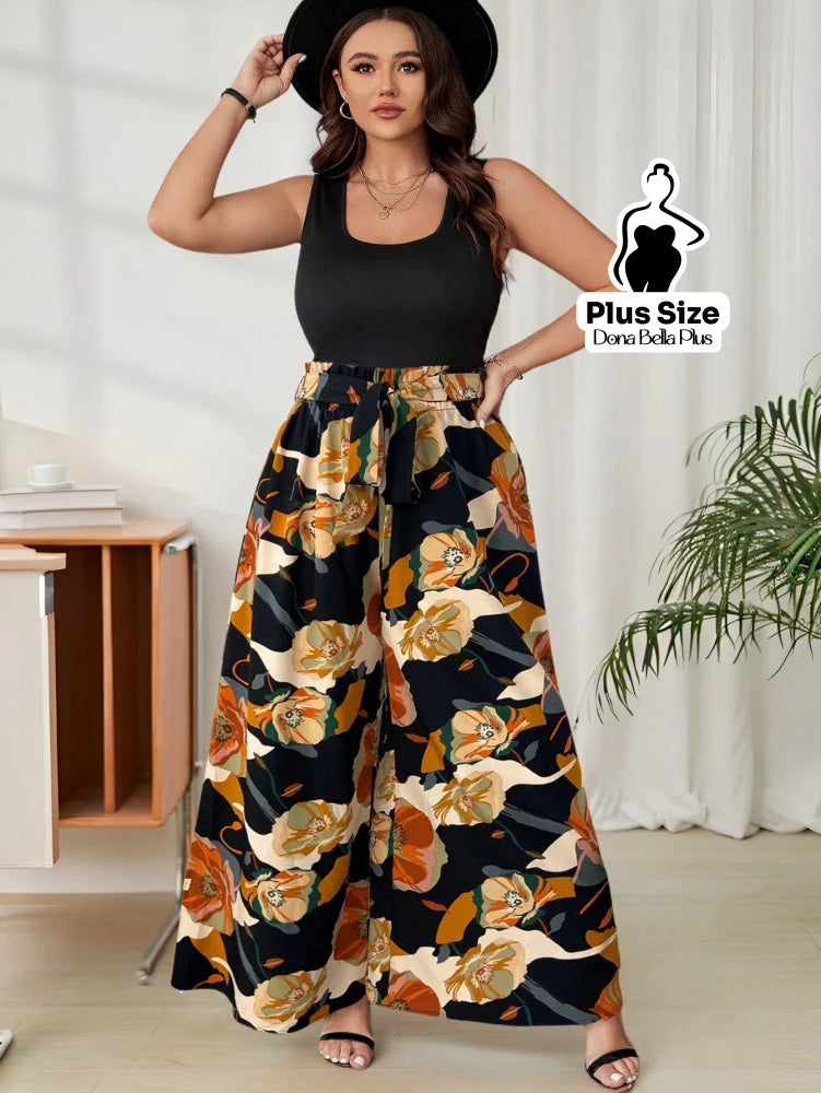 Conjunto Estampado com Regata Lisa e Calça Pantalona Preto / G Conjunto Estampado com Regata Lisa e Calça Pantalona