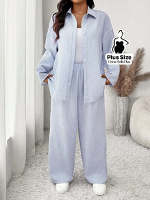 Conjunto Listrado com Camisa Oversized e Calça Reta Azul e Branco / G Conjunto Listrado com Camisa Oversized e Calça