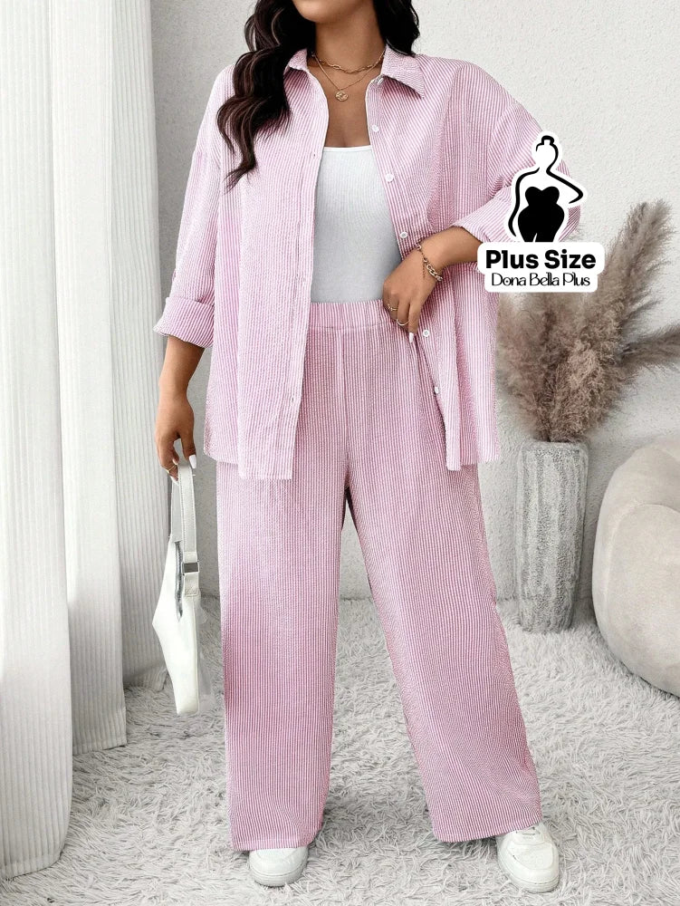Conjunto Listrado com Camisa Oversized e Calça Reta Rosa Bebê / G Conjunto Listrado com Camisa Oversized e Calça Reta
