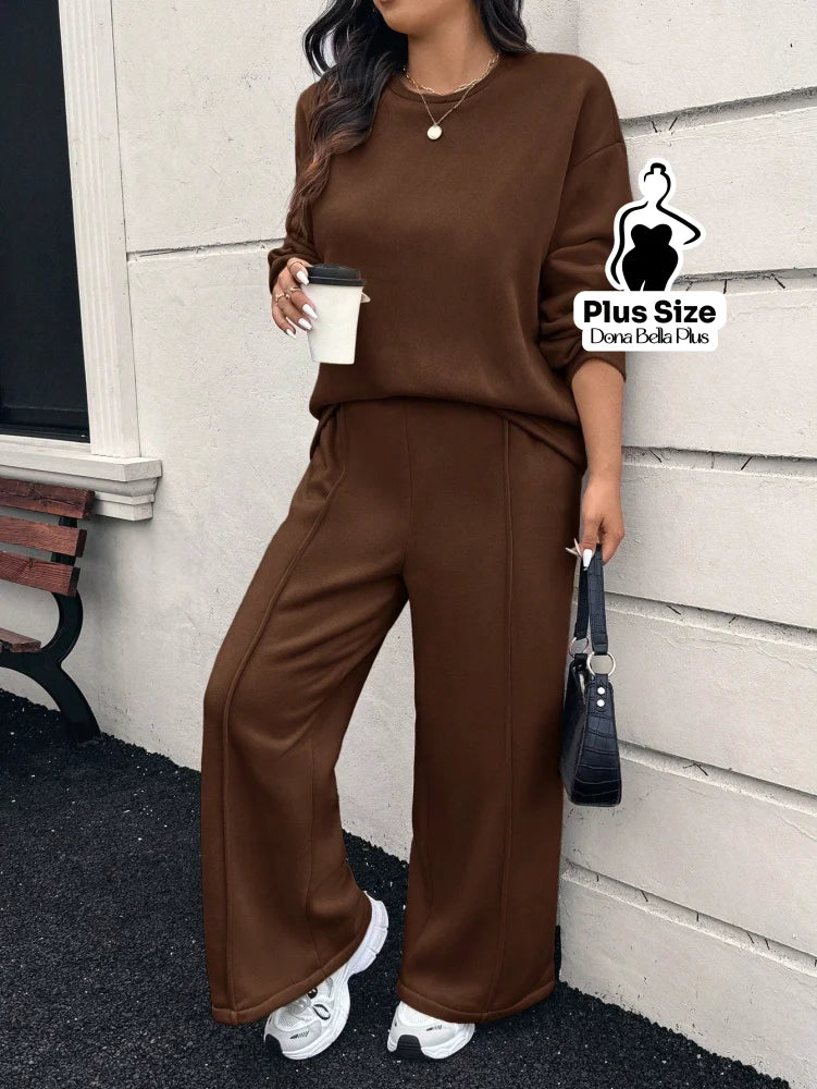 Conjunto Moletinho com Blusa Gola Redonda e Calça Reta Castanho / G Conjunto Moletinho com Blusa Gola Redonda e Calça