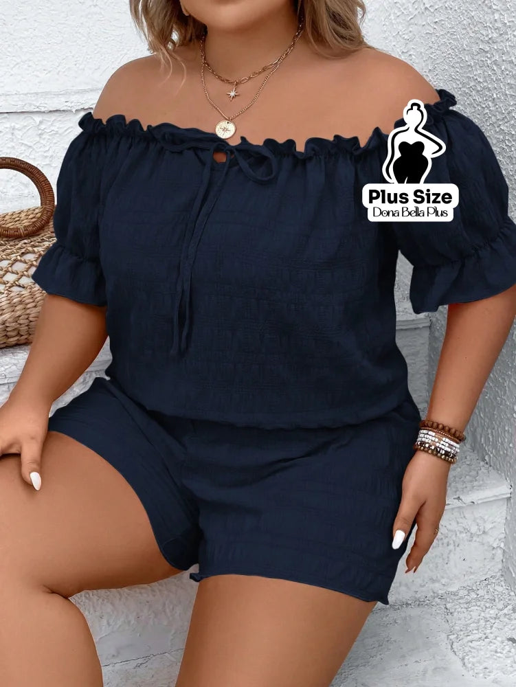 Conjunto Ombro a Ombro com Blusa e Shorts Soltos G Conjunto Ombro a Ombro com Blusa e Shorts Soltos