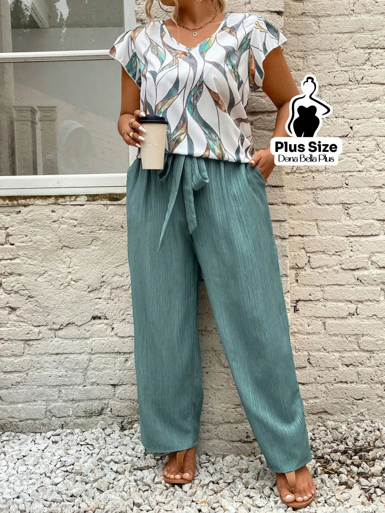 Conjunto Texturizado com Blusa Estampada e Faixa Conjunto Texturizado com Blusa Estampada e Faixa