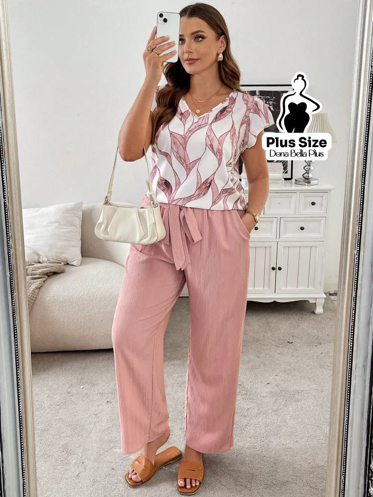 Conjunto Texturizado com Blusa Estampada e Faixa Rosa Empoeirado / G Conjunto Texturizado com Blusa Estampada e Faixa