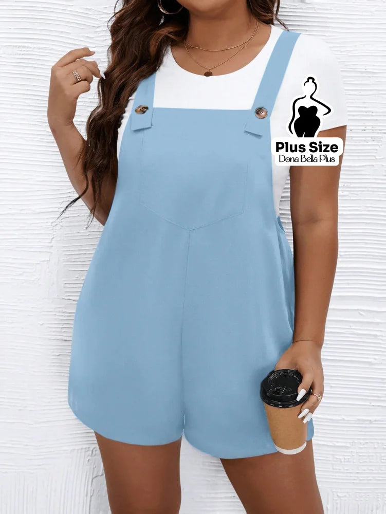 Macacão Curto com Alças e Botões Frontais Decorativos Azul / G Macacão Curto com Alças e Botões Frontais Decorativos