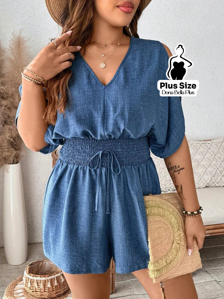 Macacão Curto com Manga Vazada e Cintura Lastex Azul / G Macacão Curto com Manga Vazada e Cintura Lastex
