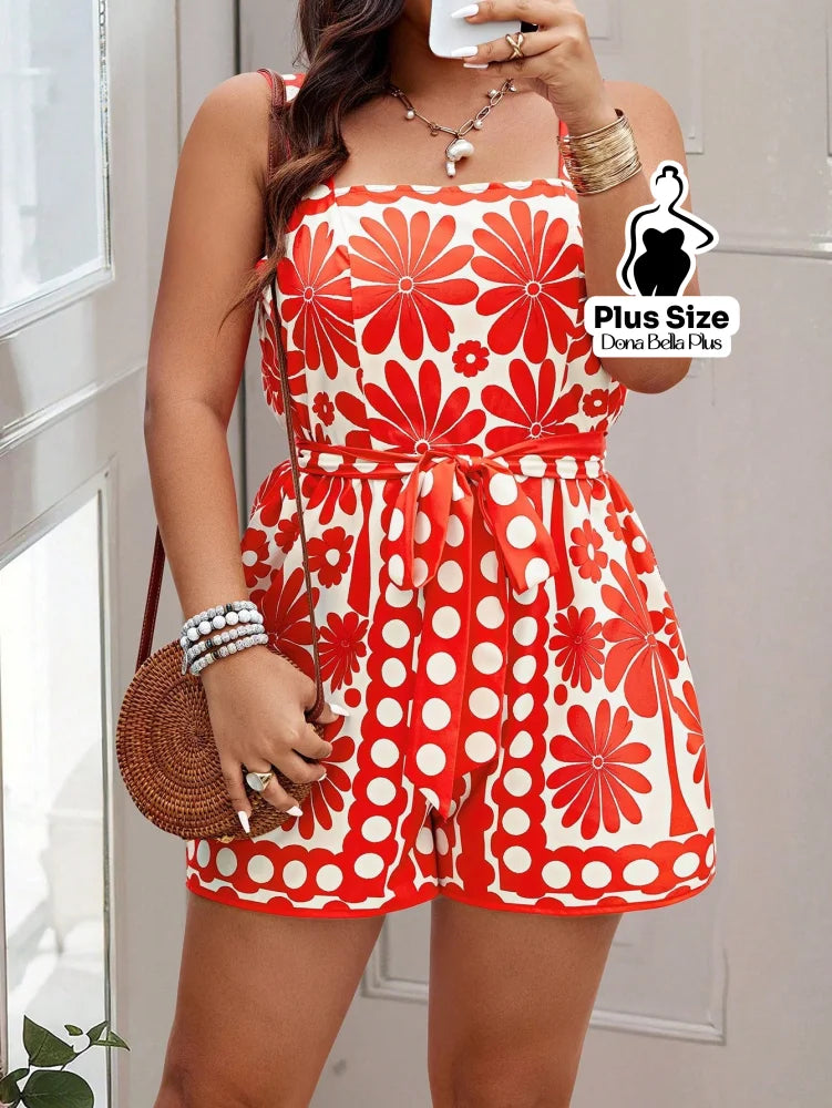 Macacão Curto Estampado com Cintura Marcada Vermelho e Branco / G Macacão Curto Estampado com Cintura Marcada