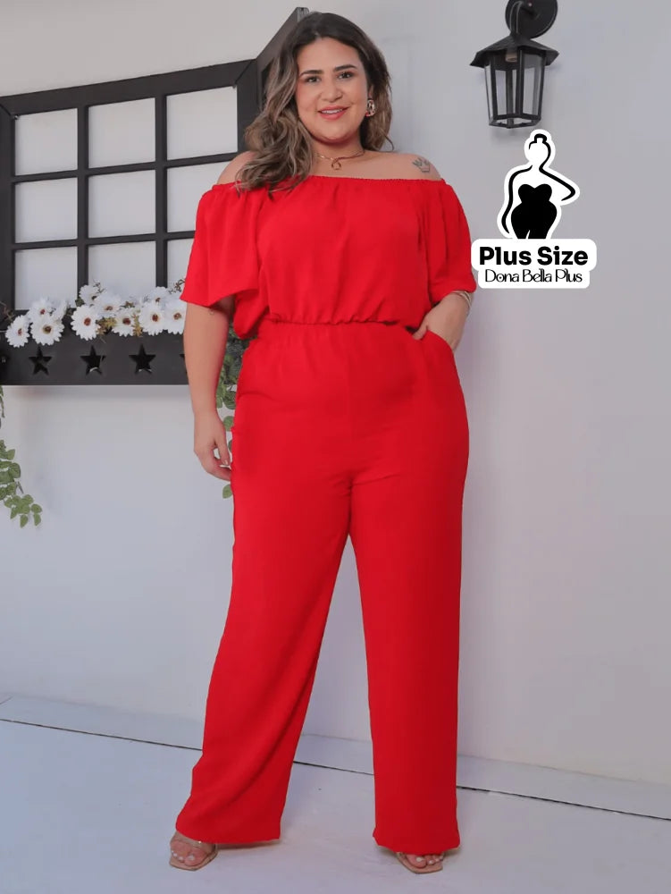 Macacão Longo com Decote Reto e Cintura Alta Vermelho / G Macacão Longo com Decote Reto e Cintura Alta