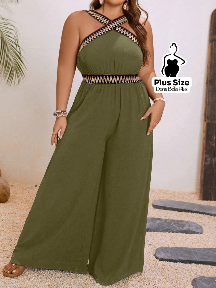 Macacão Pantalona com Decote Cruzado e Detalhe Étnico Macacão Pantalona com Decote Cruzado e Detalhe Étnico