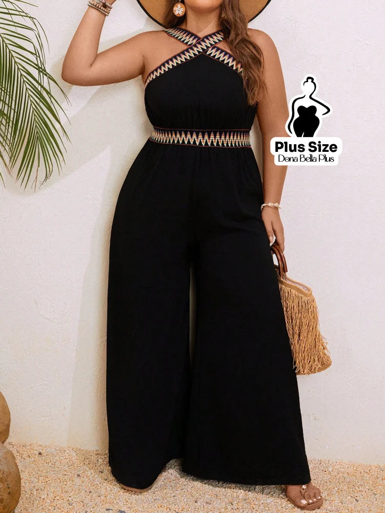 Macacão Pantalona com Decote Cruzado e Detalhe Étnico Macacão Pantalona com Decote Cruzado e Detalhe Étnico