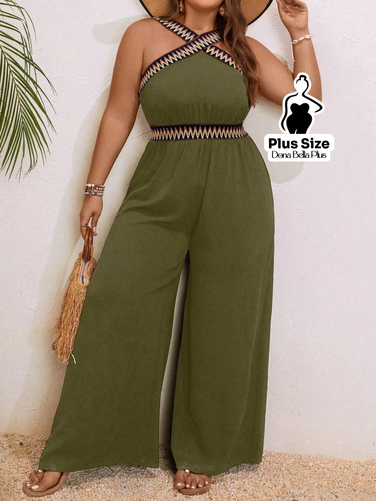 Macacão Pantalona com Decote Cruzado e Detalhe Étnico Verde / G Macacão Pantalona com Decote Cruzado e Detalhe Étnico