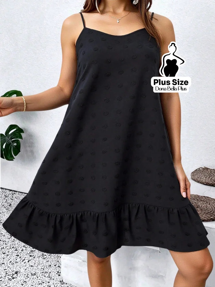 Vestido Curto com Alças Finas e Babado na Saia Preto / G Vestido Curto com Alças Finas e Babado na Saia