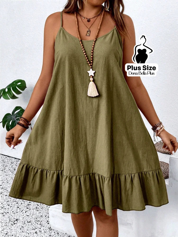 Vestido Curto com Alças Finas e Babado na Saia Verde / G Vestido Curto com Alças Finas e Babado na Saia