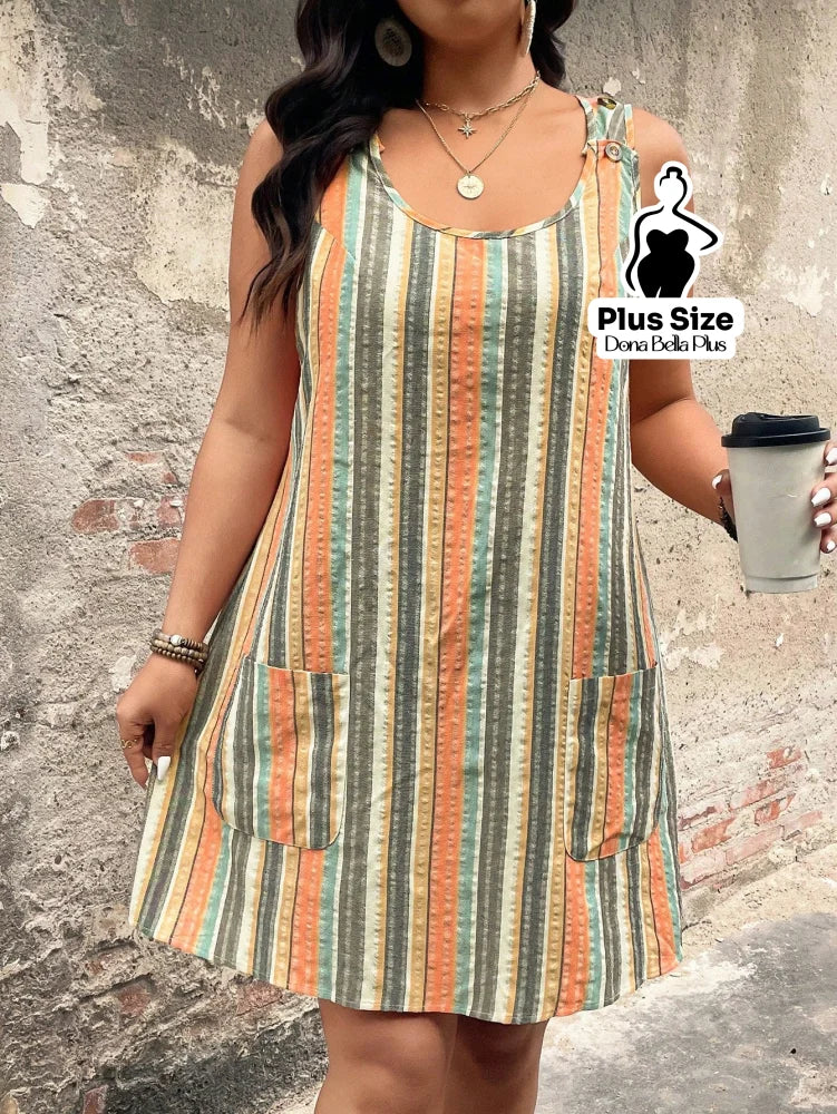 Vestido Curto Listrado com Decote Redondo e Bolsos Laterais Vestido Curto Listrado com Decote Redondo e Bolsos Laterais