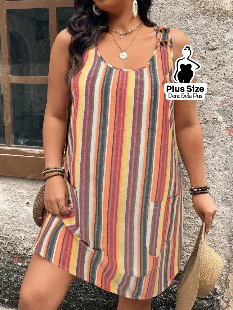 Vestido Curto Listrado com Decote Redondo e Bolsos Laterais Vestido Curto Listrado com Decote Redondo e Bolsos Laterais