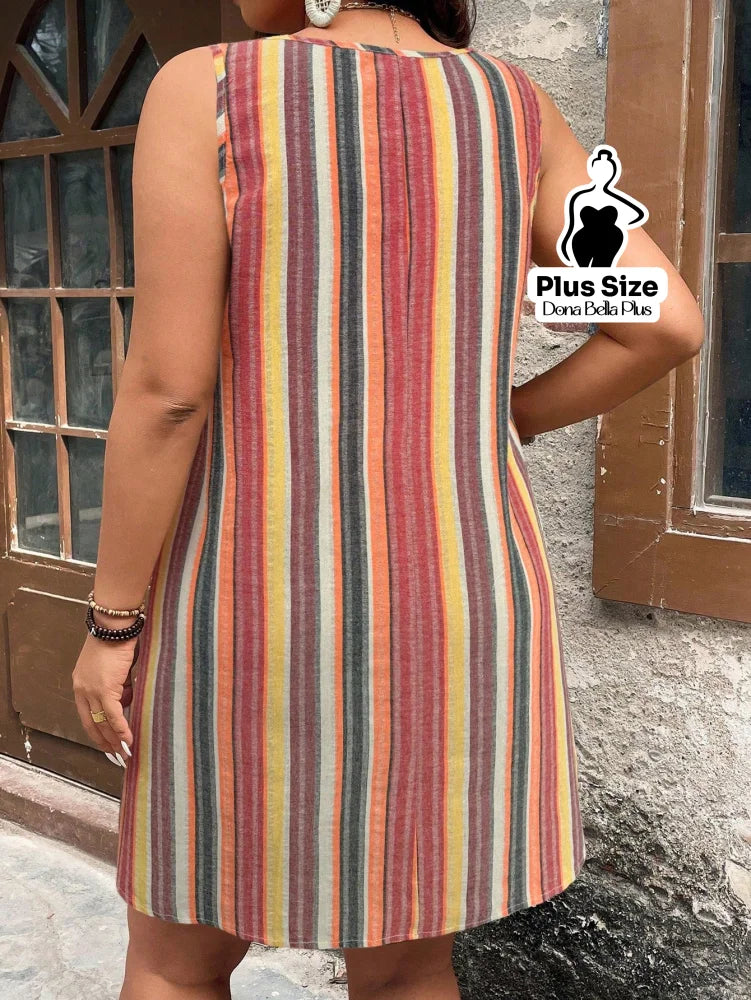 Vestido Curto Listrado com Decote Redondo e Bolsos Laterais Vestido Curto Listrado com Decote Redondo e Bolsos Laterais