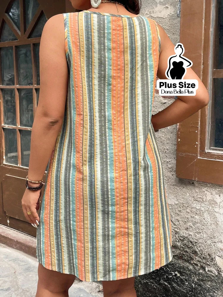 Vestido Curto Listrado com Decote Redondo e Bolsos Laterais Vestido Curto Listrado com Decote Redondo e Bolsos Laterais