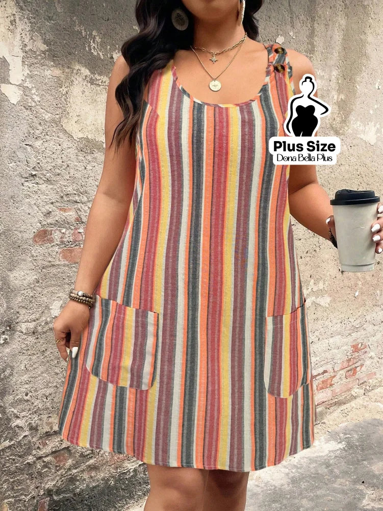 Vestido Curto Listrado com Decote Redondo e Bolsos Laterais Vestido Curto Listrado com Decote Redondo e Bolsos Laterais