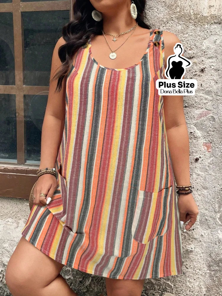 Vestido Curto Listrado com Decote Redondo e Bolsos Laterais Laranja / G Vestido Curto Listrado com Decote Redondo e