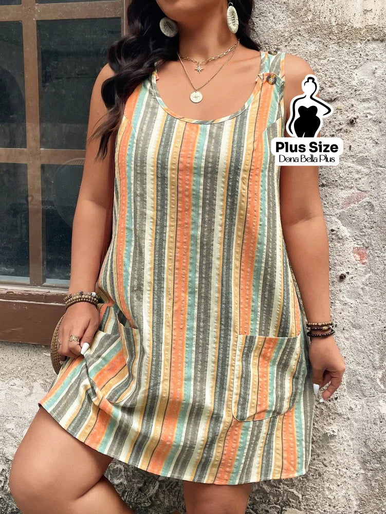 Vestido Curto Listrado com Decote Redondo e Bolsos Laterais G Vestido Curto Listrado com Decote Redondo e Bolsos