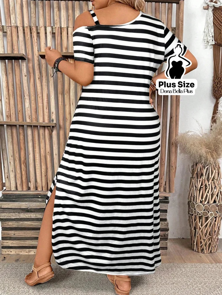 Vestido Listrado Longo com Fenda e Ombro Vazado Vestido Listrado Longo com Fenda e Ombro Vazado