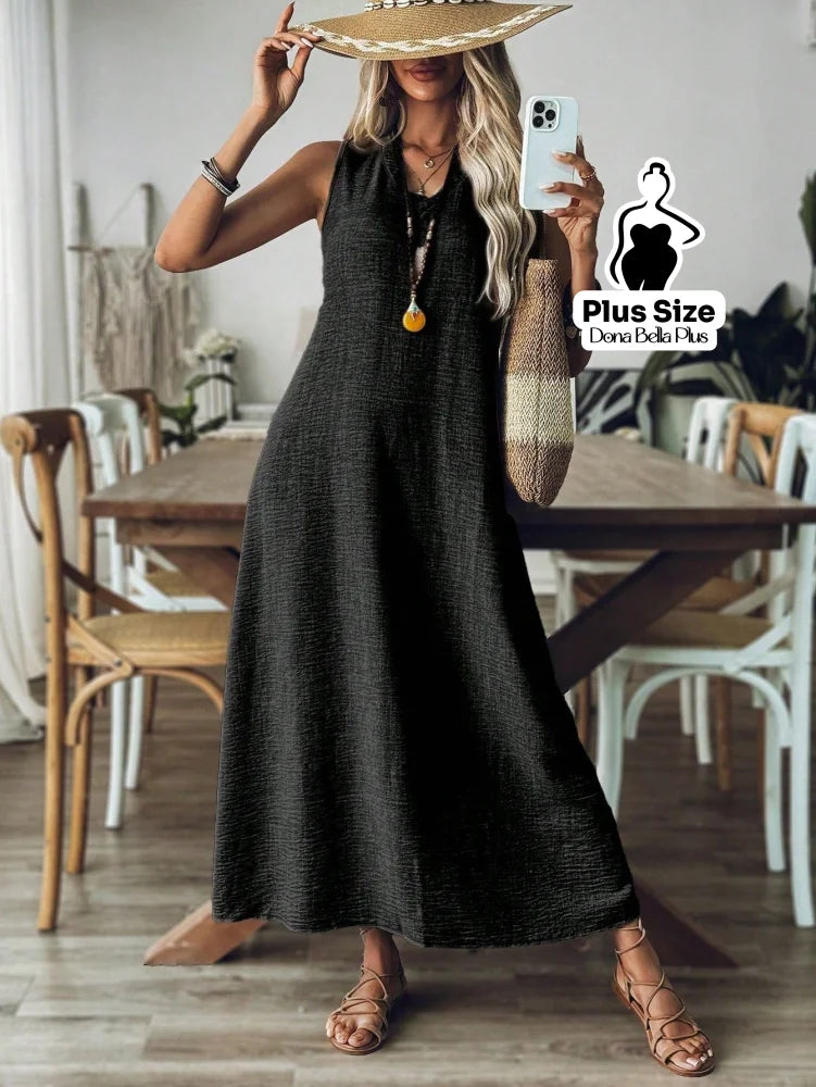 Vestido Longo Casual com Decote V e Modelagem Flare Vestido Longo Casual com Decote V e Modelagem Flare