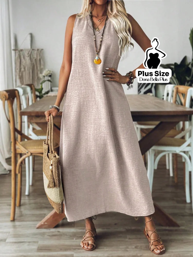 Vestido Longo Casual com Decote V e Modelagem Flare Vestido Longo Casual com Decote V e Modelagem Flare