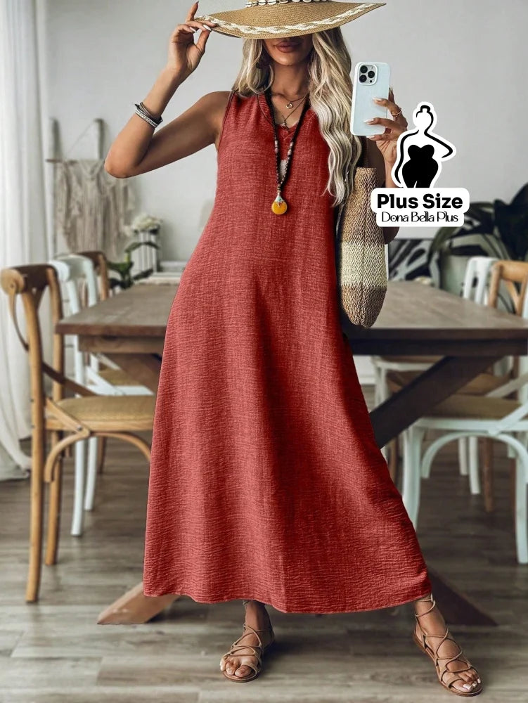 Vestido Longo Casual com Decote V e Modelagem Flare Vestido Longo Casual com Decote V e Modelagem Flare