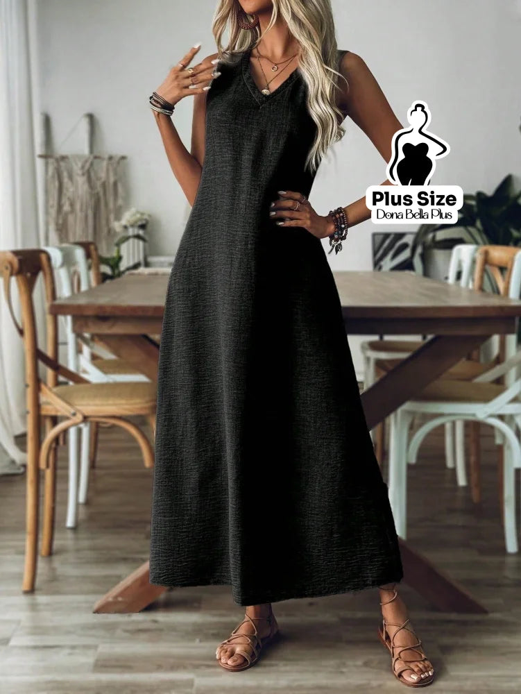 Vestido Longo Casual com Decote V e Modelagem Flare Vestido Longo Casual com Decote V e Modelagem Flare