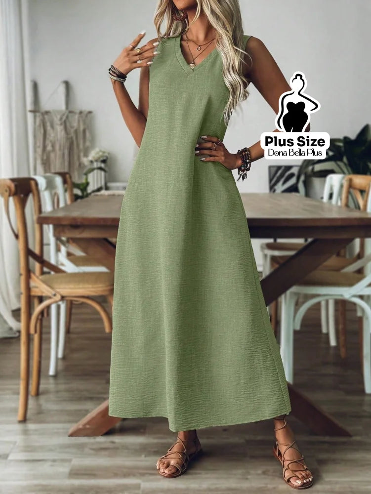 Vestido Longo Casual com Decote V e Modelagem Flare Vestido Longo Casual com Decote V e Modelagem Flare