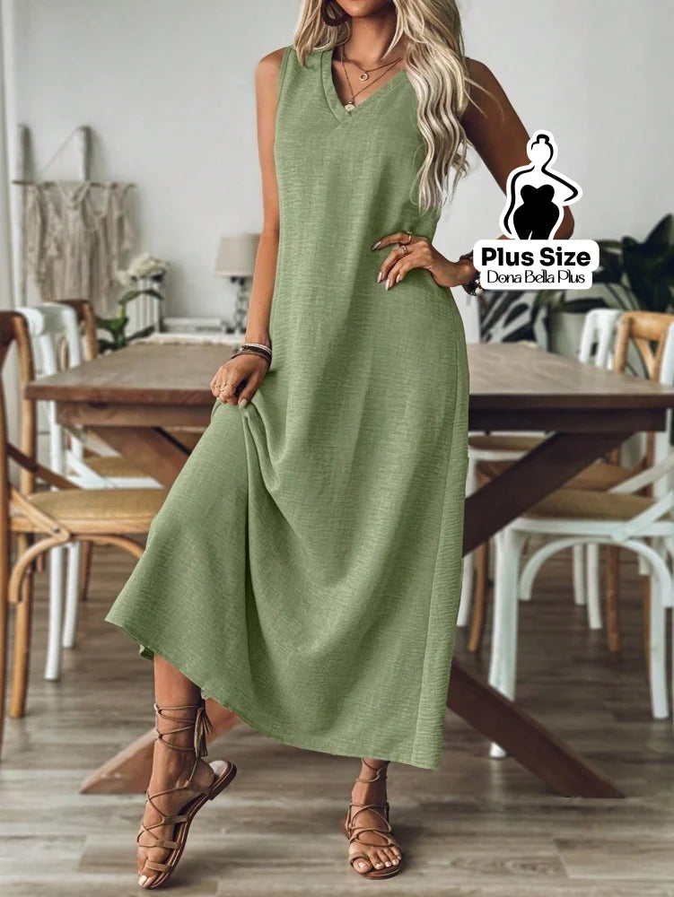 Vestido Longo Casual com Decote V e Modelagem Flare Vestido Longo Casual com Decote V e Modelagem Flare