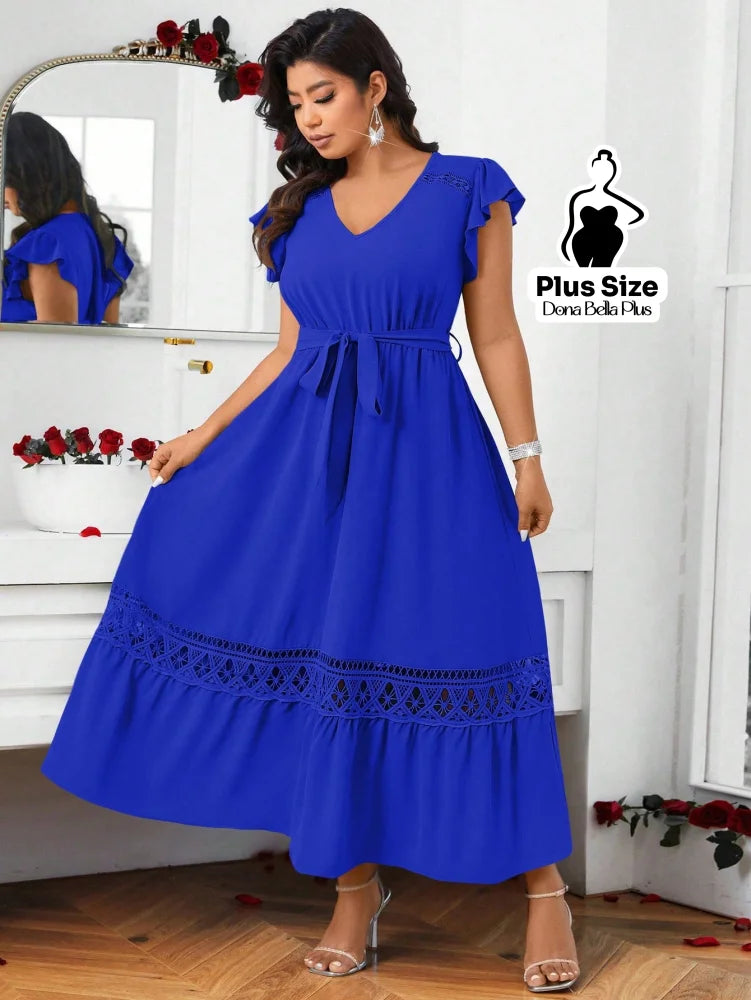 Vestido Longo com Decote V Renda e Faixa na Cintura Azul / G Vestido Longo com Decote V Renda e Faixa na Cintura