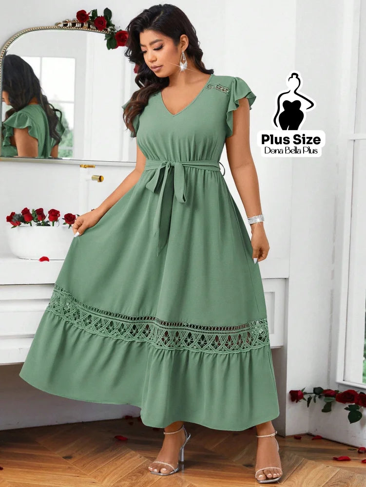 Vestido Longo com Decote V Renda e Faixa na Cintura Verde / G Vestido Longo com Decote V Renda e Faixa na Cintura