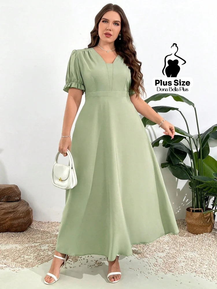 Vestido Longo com Manga Bufante e Decote em V G Vestido Longo com Manga Bufante e Decote em V