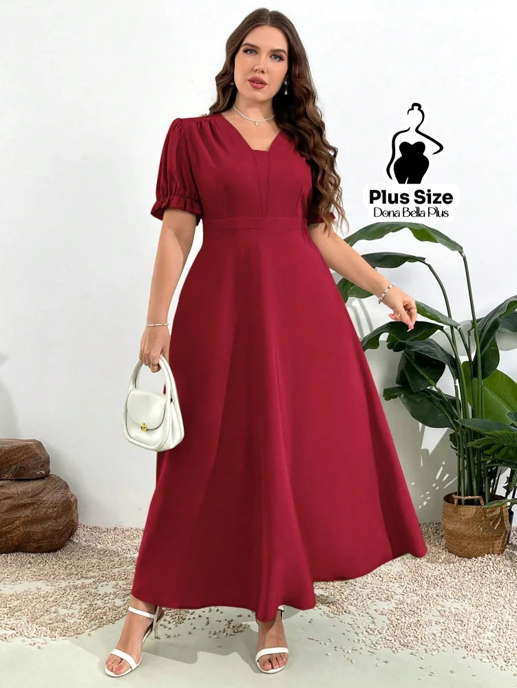 Vestido Longo com Manga Bufante e Decote em V Vermelho / G Vestido Longo com Manga Bufante e Decote em V