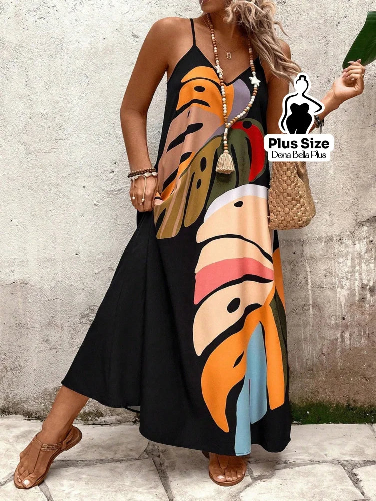 Vestido Longo Estampado com Alças Finas e Detalhe de Folhagens Preto / G Vestido Longo Estampado com Alças Finas e