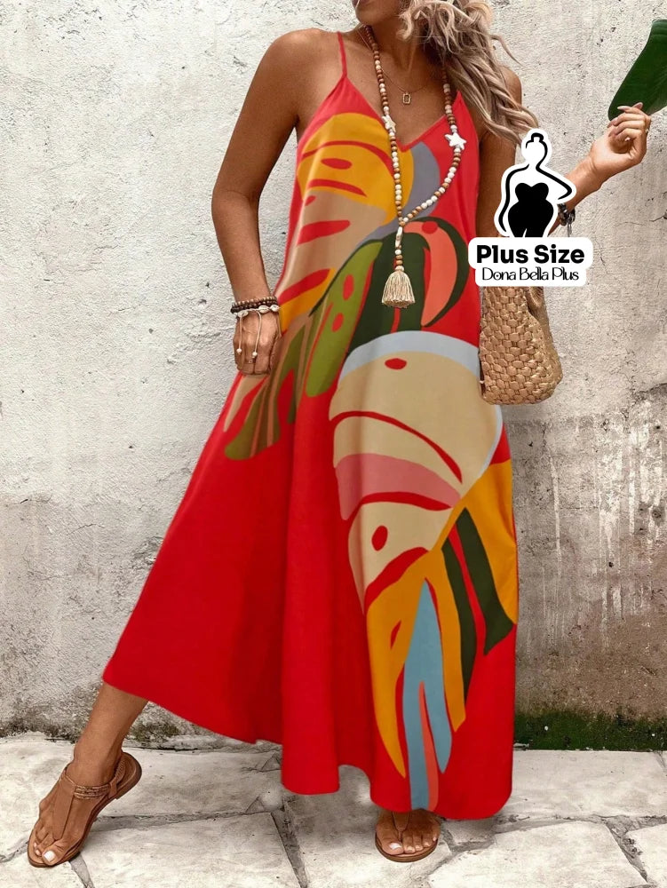 Vestido Longo Estampado com Alças Finas e Detalhe de Folhagens Vermelho / G Vestido Longo Estampado com Alças Finas e