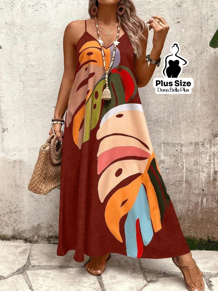 Vestido Longo Estampado com Alças Finas e Detalhe de Folhagens Vinho / G Vestido Longo Estampado com Alças Finas e