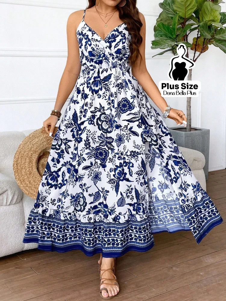 Vestido Longo Estampado com Alças Finas e Folhagens Lineares Azul / G Vestido Longo Estampado com Alças Finas e