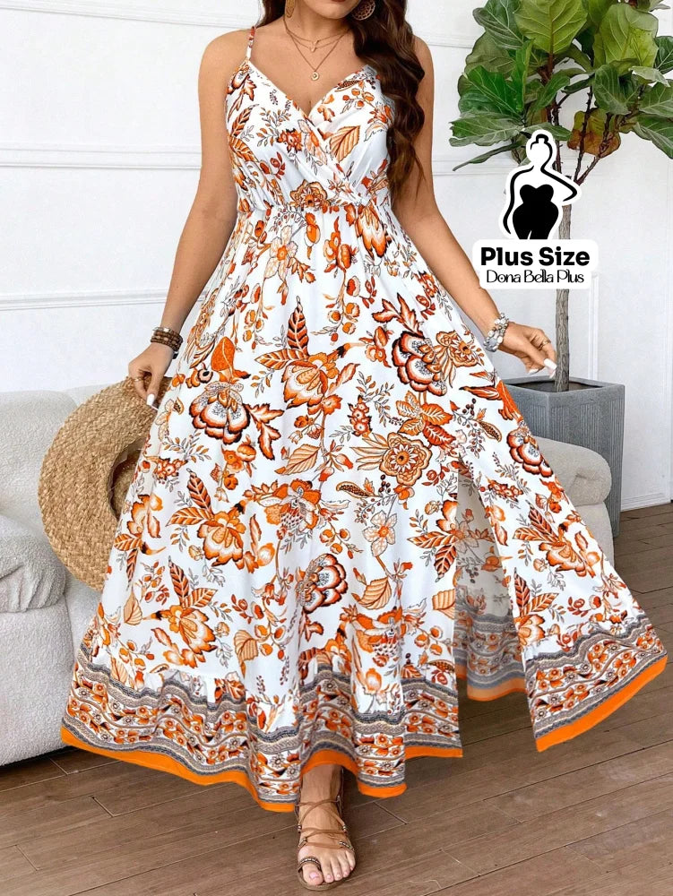 Vestido Longo Estampado com Alças Finas e Folhagens Lineares Laranja / G Vestido Longo Estampado com Alças Finas e