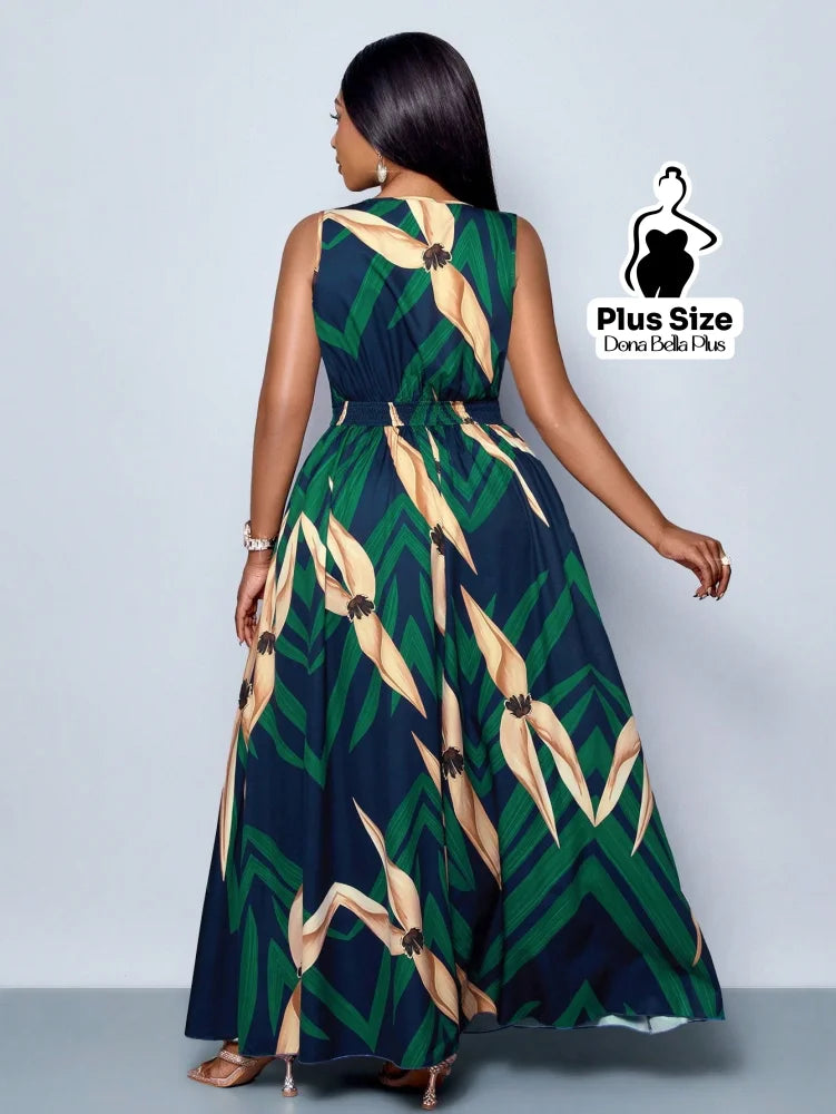 Vestido Longo Estampado com Decote V e Faixa na Cintura Vestido Longo Estampado com Decote V e Faixa na Cintura