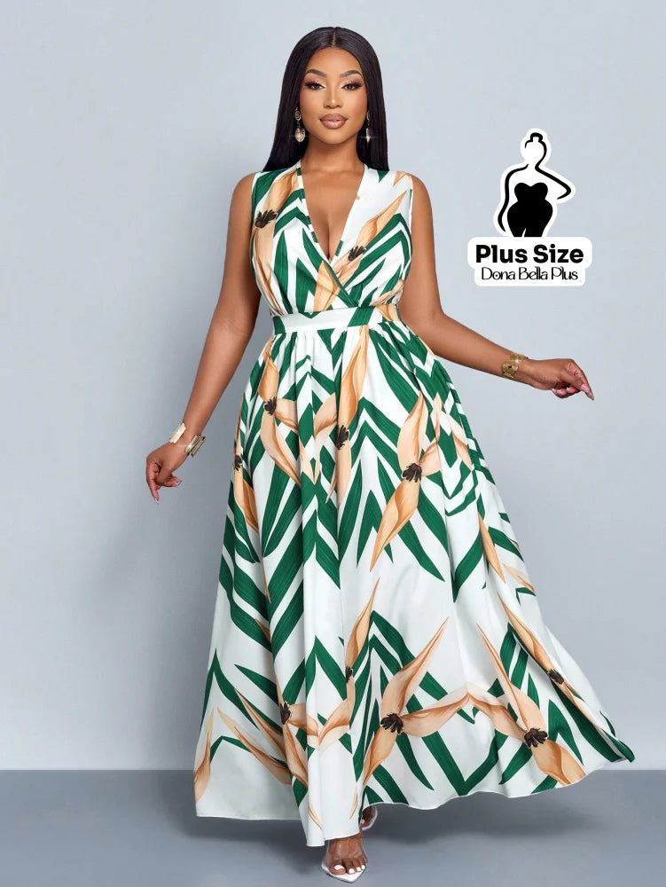 Vestido Longo Estampado com Decote V e Faixa na Cintura Estampa 2 / G Vestido Longo Estampado com Decote V e Faixa na