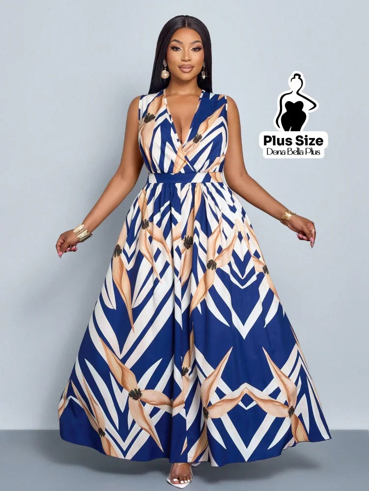 Vestido Longo Estampado com Decote V e Faixa na Cintura Estampa 3 / G Vestido Longo Estampado com Decote V e Faixa na