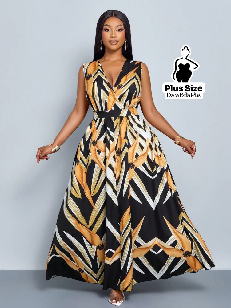 Vestido Longo Estampado com Decote V e Faixa na Cintura Estampa 4 / G Vestido Longo Estampado com Decote V e Faixa na
