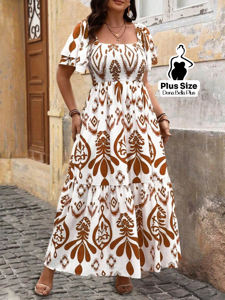 Vestido Longo Estampado com Mangas Bufantes e Babado Castanho / G Vestido Longo Estampado com Mangas Bufantes e Babado