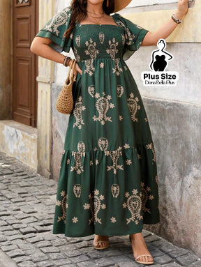 Vestido Longo Estampado com Mangas Bufantes e Babado Verde / G Vestido Longo Estampado com Mangas Bufantes e Babado