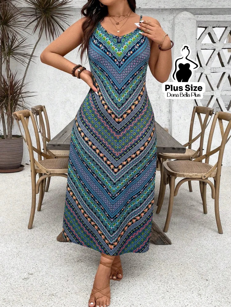 Vestido Longo Estampado Geométrico com Decote V Azul / G Vestido Longo Estampado Geométrico com Decote V