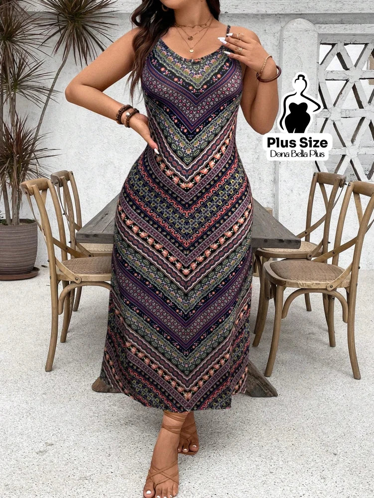 Vestido Longo Estampado Geométrico com Decote V Roxo / G Vestido Longo Estampado Geométrico com Decote V