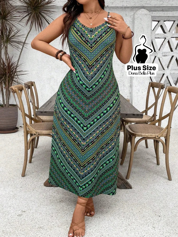 Vestido Longo Estampado Geométrico com Decote V Verde / G Vestido Longo Estampado Geométrico com Decote V